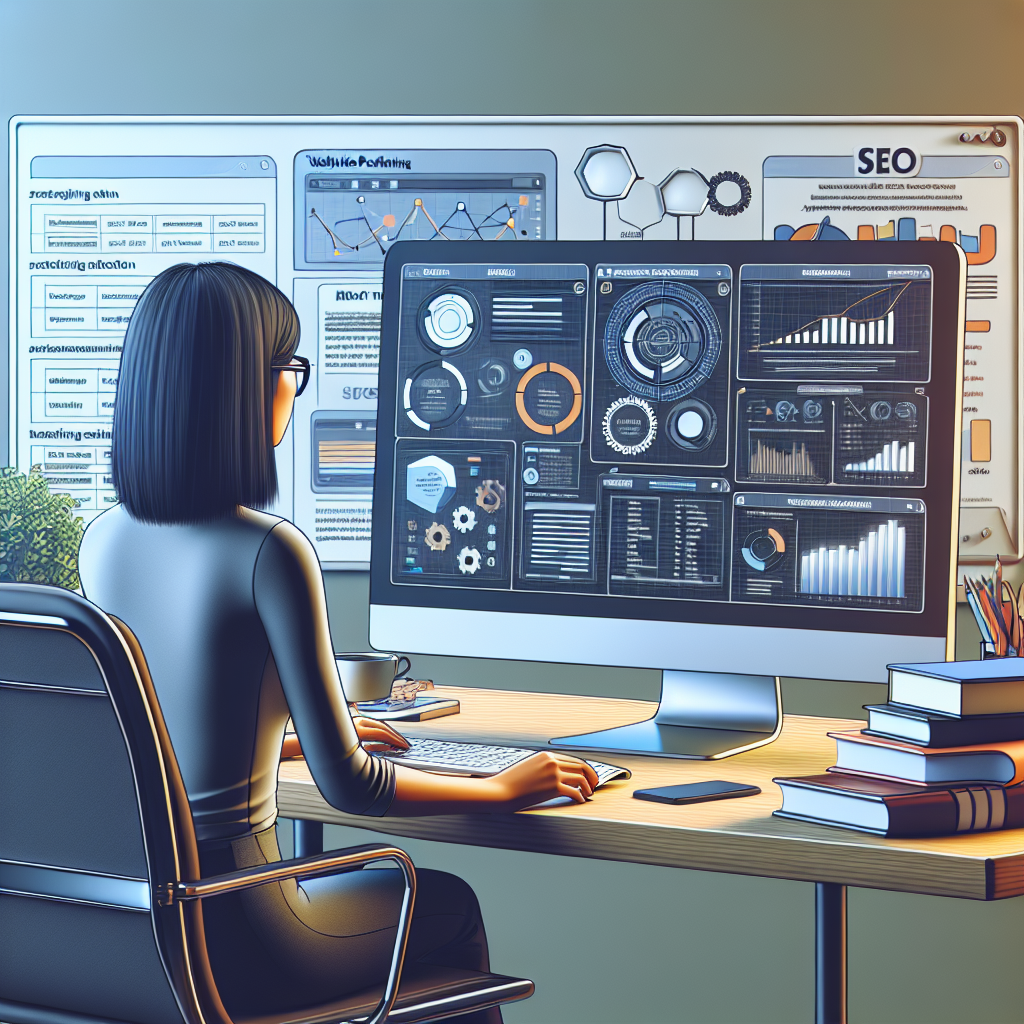 A detailed digital illustration of a technical SEO audit in progress. The central focus is a modern desktop computer screen displaying various charts and graphs that represent website performance metrics. An Asian woman sits at the desk, analyzing the data on the screen. Books about SEO and website optimization are scattered on the desk as well. In the background, a whiteboard displays a list of must-have tips for website optimization, including keyword usage and link building. Surrounding the woman is an atmosphere of concentration and determination.