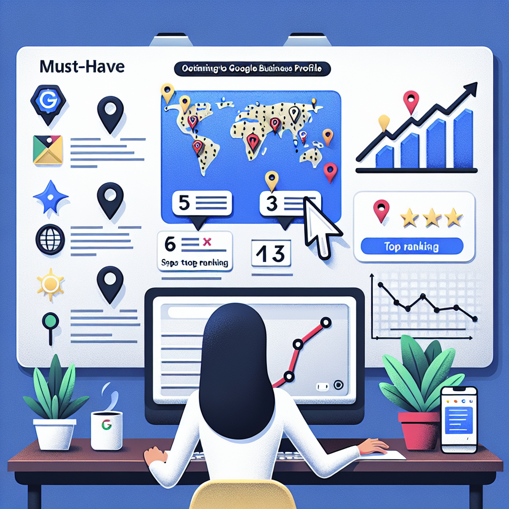 Illustrate an image showing a digital action board covered in crucial tips for optimizing a Google Business Profile. Remember to include symbols relating to Google Maps ranking, such as a miniature map, pins marking places and a rising graph to signify top ranking. On the side, layout a list of 'must-have' tips in bullet points, with a mouse pointer symbol hovering over the first tip, indicating it's being followed. Also, depict a person, an Asian woman digitally savvy, sitting in front of a computer, following those steps. Keep the setting professional and detail-oriented.