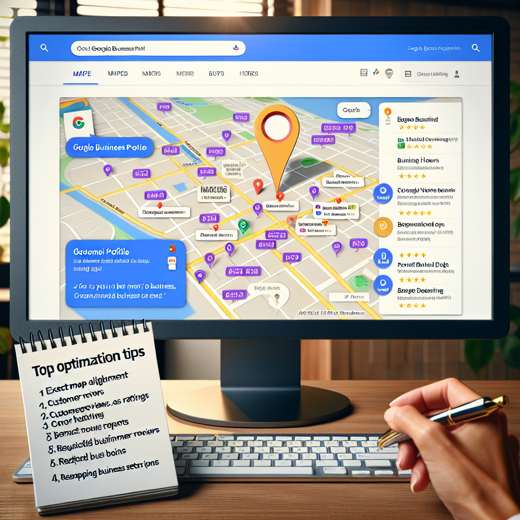 Show a fully-optimized Google Business profile appearing prominently on the Google Maps interface on a computer screen. Additionally, highlight key features such as the business name, customer reviews, and ratings, business hours, and detailed business description. The screen should have a few more related businesses listed below it. To its side is a note pad with hand-written 'Top Optimization Tips' on the page, including exact map alignment, perfect business data, requesting customer reviews and precisely describing the business in keywords.
