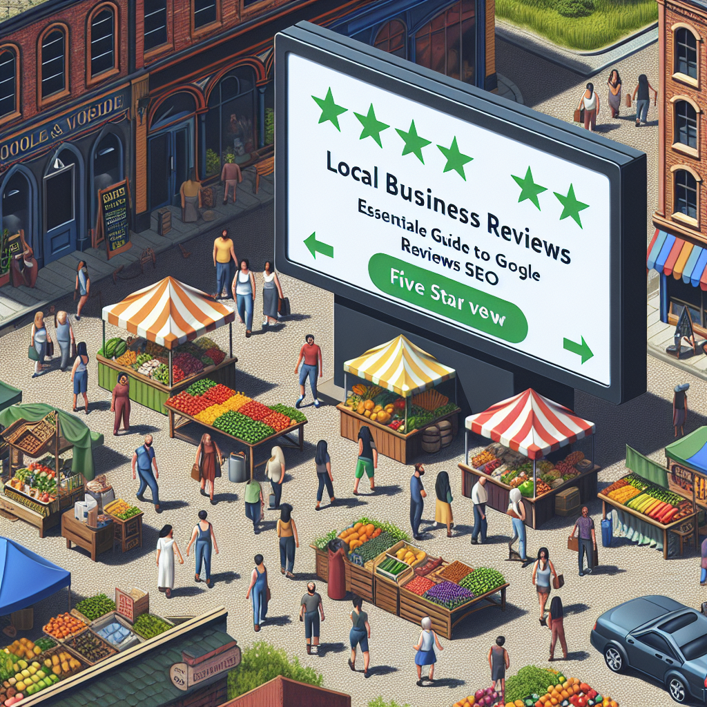 An overhead view of a bustling local market in a small town. Market stalls are offering fresh fruits, vegetables, and artisanal goods. There's a large, electronically guided sign displaying the words, 'Local Business Reviews: Essential Guide to Boost Google Reviews SEO'. Various people of different descents such as Caucasian, Hispanic, and Middle-Eastern are exploring the market, some interacting with vendors. Near the market, there's a billboard pointing towards a small corner cafe, indicating it's the top-rated business on Google with five star reviews.
