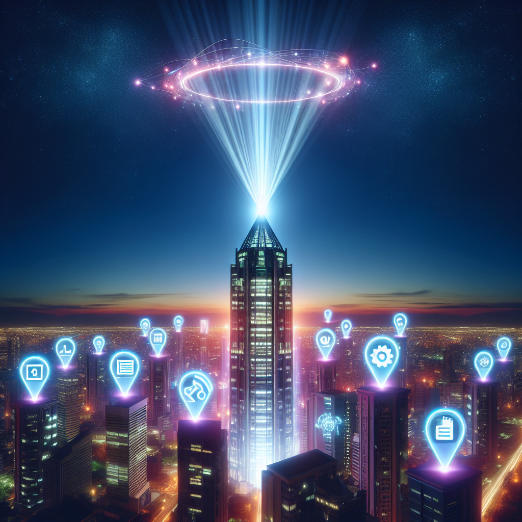 Visualize a vibrant cityscape at dusk, with a skyline defined by lit-up skyscrapers symbolizing successful businesses. A broad, clear beam of light is emanating from the top of a central skyscraper, radiating out into the skies, symbolizing a signal or beacon. The skyscraper has neon signs depicting business listings glowing brightly. Placed above, against the twilight sky, are ethereal, glowing symbols or citations local to various parts of the world, symbolizing 'Local Citations'. They are floating effortlessly, creating a halo around the central beacon, illuminating these 'citations' to powerfully convey their importance in boosting the visibility of the business listings.