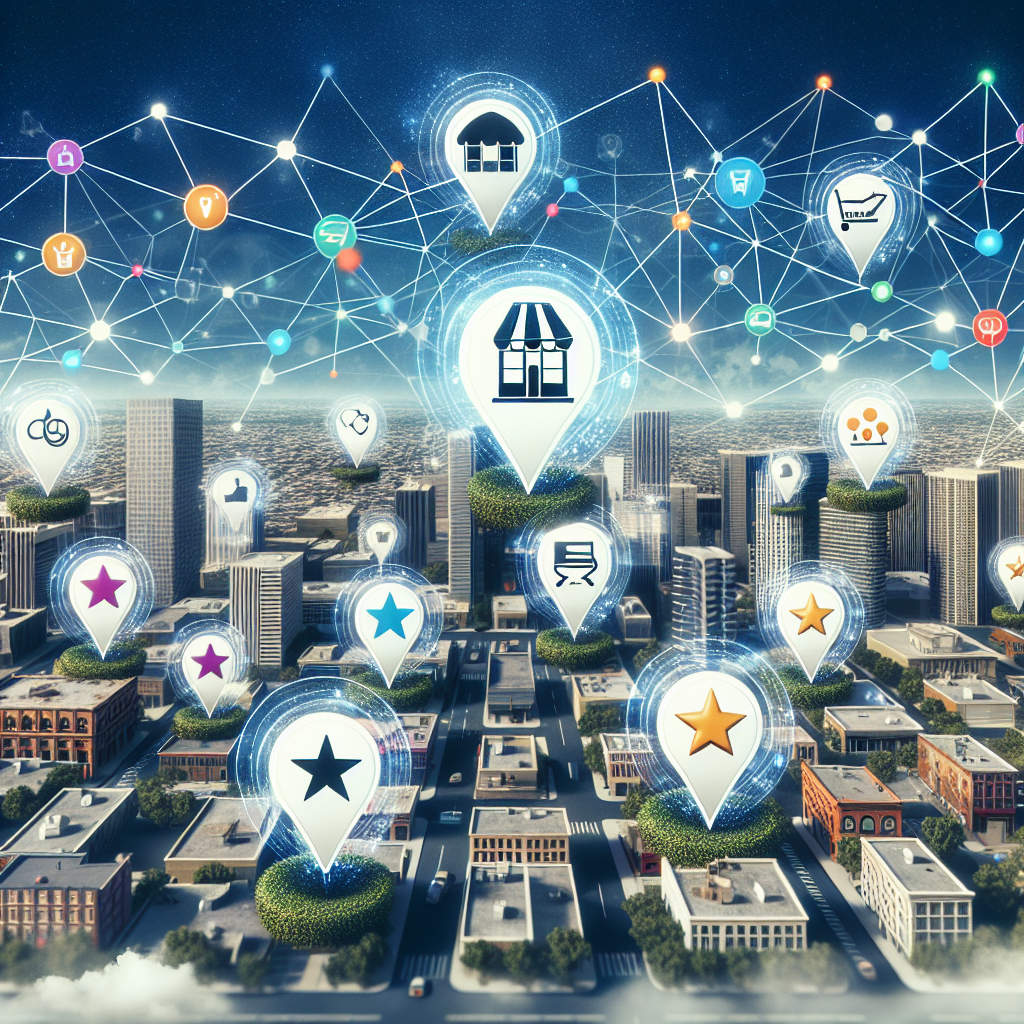 Visualize an urban skyline with various types of businesses such as a bakery, clothing store, book shop, and restaurant being marked by digital pins. Floating above these pins, show bubbles containing symbols of highly rated reviews, stars, and positive comments. Off to the side, highlights the concept of networking where lines interconnected web-like between these bubbles and destinations on a GPS-like map, symbolizing the interconnectedness of local businesses and their influence on each other's reputation. Add text overlay saying 'Local Citations: Must-Have, Effortless Boost for Your Business Listings'.