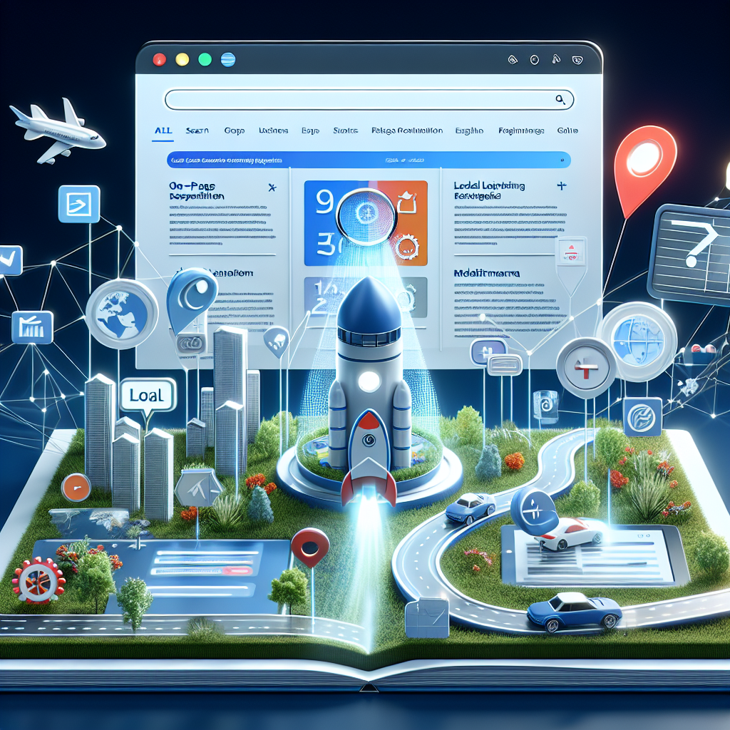 A detailed illustration depicting a successful landing page strategy for local SEO. The image presents a large digital screen displaying a locally oriented landing page with engaging visuals, concise and keyword-rich content, and user-friendly navigation. There is also a group of small icons representing tools and tactics such as on-page optimization, metadata, local keywords and geotagging. Nearby, a cutaway view of a search engine logo can be seen releasing a wave of traffic towards the landing page, with the wave transforming into positive signs (+) before it hits the page, symbolising increased visibility, improved rankings and successful SEO outcomes.