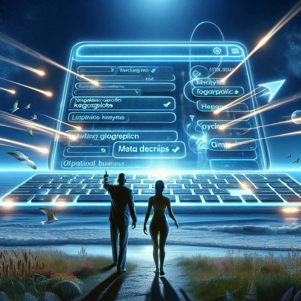 Visualize a digital landscape concept which showcases prominent SEO strategies. Picture a large glowing computer keyboard elevated above a calm sea, with each key representing various SEO techniques like targeting geographic-specific keywords, optimizing meta descriptions, and utilizing local business schema. Streaks of light rush between the keys, symbolizing the harmonious integration of these different components. In the foreground, stands a man of South Asian descent leading a woman of Hispanic descent pointing towards the keyboard with a focused expression, symbolizing their pursuit of Effortless SEO Success.