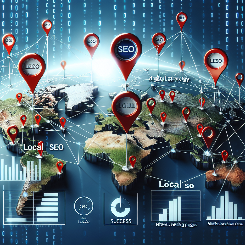 Picture of a geographical map with red pin markers indicating local landing pages spread across the globe, each marker connected with lines to a central digital strategy hub labeled 'SEO'. Eye-catching, strategically placed keywords such as 'Local SEO', 'Effortless Success', and 'Must-Have Strategies' hover above the network. A bar chart and pie chart are placed on the side, hinting at the increased traffic and leads with successful SEO strategies. In the background, there is a semi-transparent binary code stream, representing the digital nature of SEO.