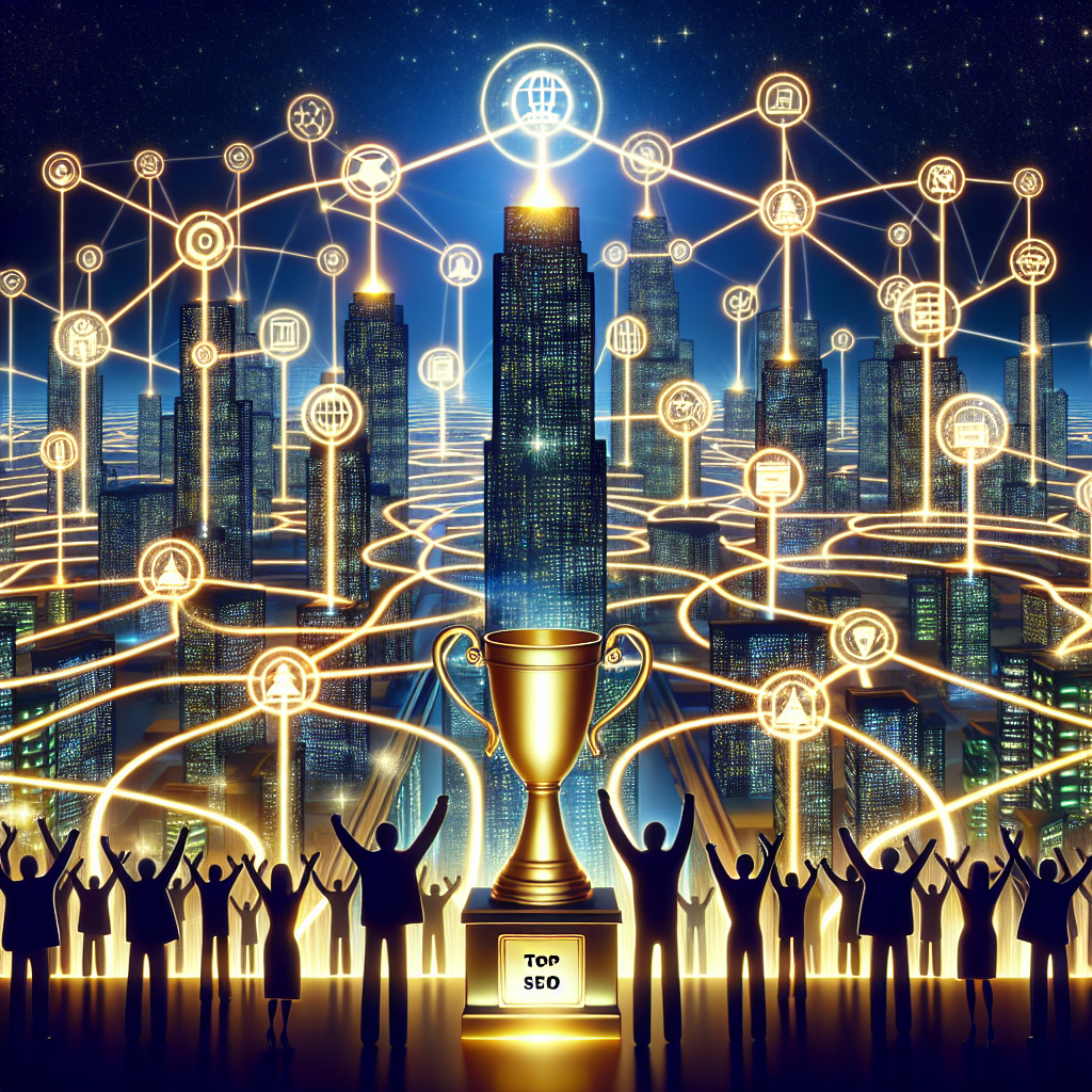Visualize a metaphoric illustration for an article titled 'Stunning Local Backlinks: Effortless Strategies for Top SEO Results'. Feature a massive, radiant city skyline at night, with glowing conduits of light extending from each building, symbolizing various websites. The conduits interconnect in complex patterns, representing the web of backlinks. Furthermore, depict a golden trophy in the forefront with 'Top SEO' emblazoned on its pedestal, signifying excellent SEO performance. Include several individuals of different genders and descents, enthusiastically overseeing this interconnected city, demonstrating the global collaboration in SEO strategies.