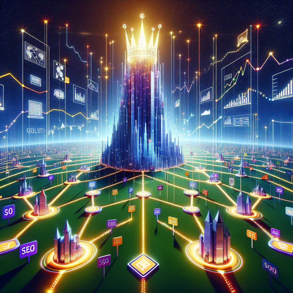 Visualize a digital landscape that represents the internet world with multiple points of intersection. Imagine SEO represented as a towering structure, with a glorious crown that represents top search results. Various paths, depicted as radiant beams of light, lead to this towering structure. These paths symbolize local backlinks, originating from smaller, varied structures that depict different local websites. Each path is marked with signs symbolizing easy strategies. Surround the scene with data stream, numbers, and graph elements that represent web analytics. The atmosphere is vibrant and dynamic, representing continuous SEO effort for optimum results.