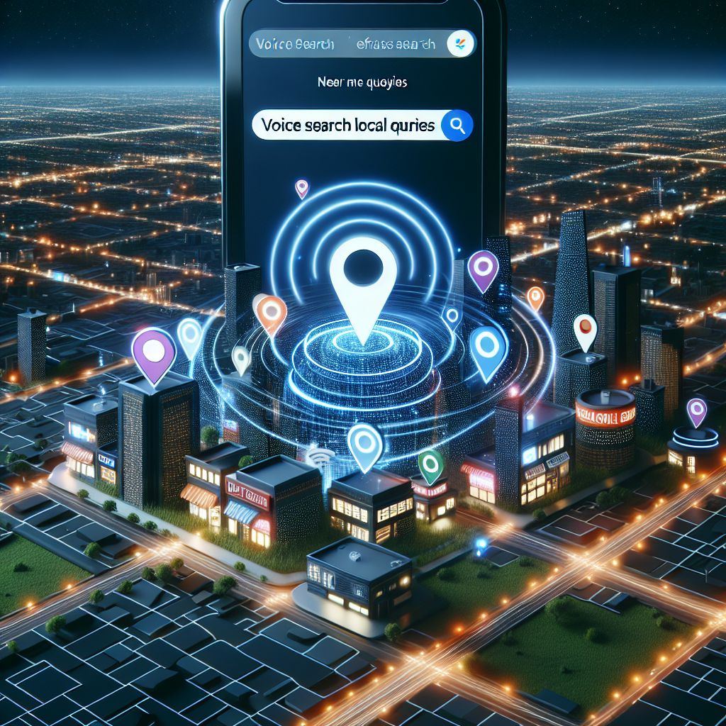 Visualize a bustling cityscape, with carefully labelled local businesses glowing against the city grid. Amid this, an oversized, stylized mobile phone is hovering, on its screen a voice search is being performed. The query is 'Near Me Queries'. Circular waves are emanating from the phone, symbolizing voice search. Above, a large billboard displays the words 'Voice Search Local SEO' with emphasis on 'Effortless Optimization'. Maps, location pins and a search engine results page, symbolizing local SEO, are subtly interspersed within the scene.