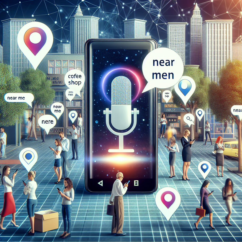 Envision an image that captures the essence of Voice Search Local SEO. Imagine a smartphone with a voice search icon prominently displayed on the screen. Nearby, a diverse group of people are using their own devices, located in an urban setting filled with potential business locations. From each person's device, speech bubbles emerge showing 'near me' queries like 'coffee shop near me' or 'bookstore near me'. The scene is filled with energy and dynamism, reflecting the ease and efficiency of using voice search for local queries.