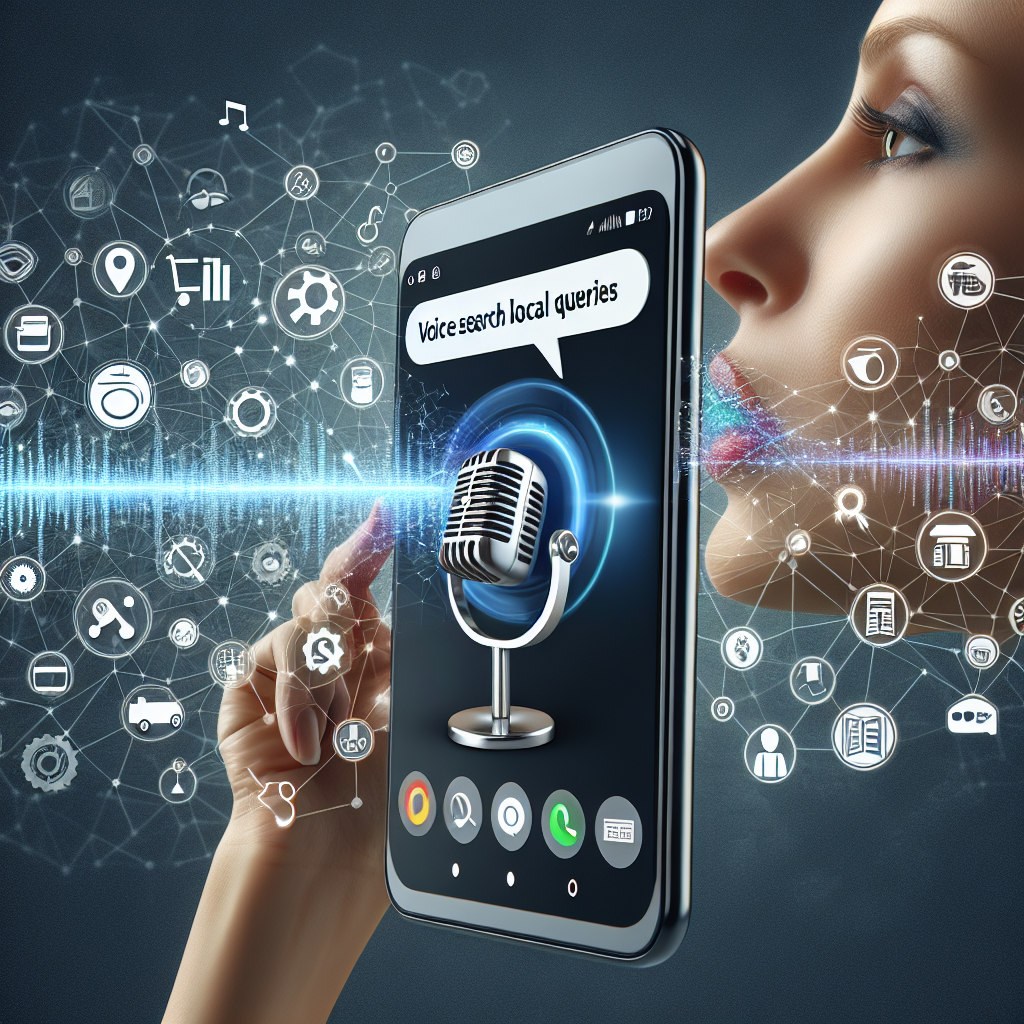 An overview image representing the concept of 'Voice Search Local SEO'. In the foreground, a modern smartphone displaying a search bar with text 'Near me queries'. From the phone, various lines connect to symbolic local business icons such as a restaurant, a coffee shop, a bookstore, and a gas station. An abstract sound wave travels from a Caucasian woman's mouth into the smartphone, indicating she is speaking her search query. In the background, there's a variety of SEO-related icons, including gears, magnifying glasses, and graphs — contextualizing the image within SEO optimization.