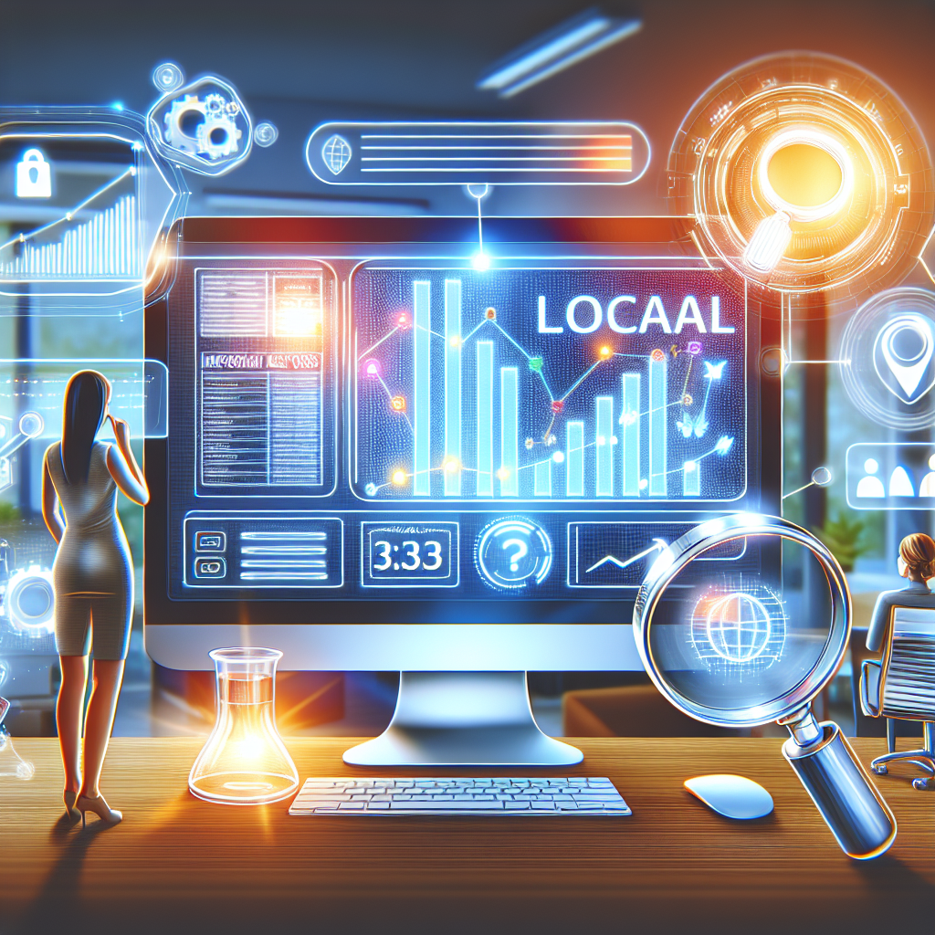 Create an enlightening visual interpretation of local SEO analytics in use. Picture a desktop computer with glowing charts and graphs displaying website ranking information on the screen. There are indispensable SEO tools, like important keywords, and a magnifying glass symbolizing meticulous analysis. The setting is a bright, contemporary office with ergonomic furniture. Nearby, depict a Caucasian woman and an Asian man, both busy tech-professionals, discussing the analytics. Symbols such as forward arrows, local markers, and ascending bars can be scattered across the image to depict the aspect of tracking rankings in SEO.