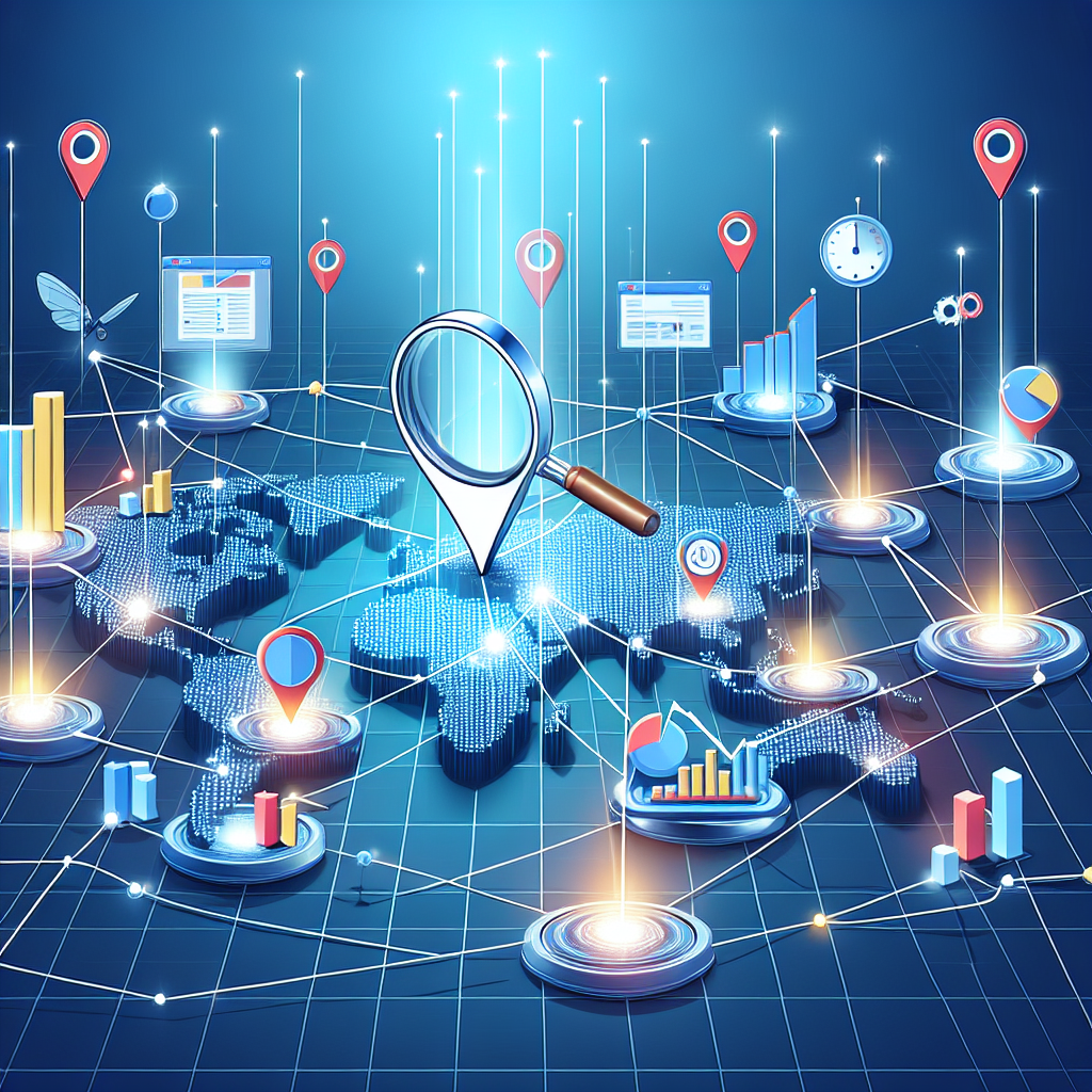 An informative illustration for an article, highlighting the concept of local SEO analytics. The image should reveal a digital landscape with markers of various towns and cities, each lit up with string connecting them. Around this network, incorporate symbolic representations of tools for tracking like a magnifying glass examining a graph, bar charts and pie charts. At the forefront, imagine a computer screen with a search engine opened that shows website rankings. Connect the entire image aesthetically with arrows and dotted lines showing the flow of data. The scene should be designed in a modern, digital art style. Don't include any specific brand logos or copyrighted material.