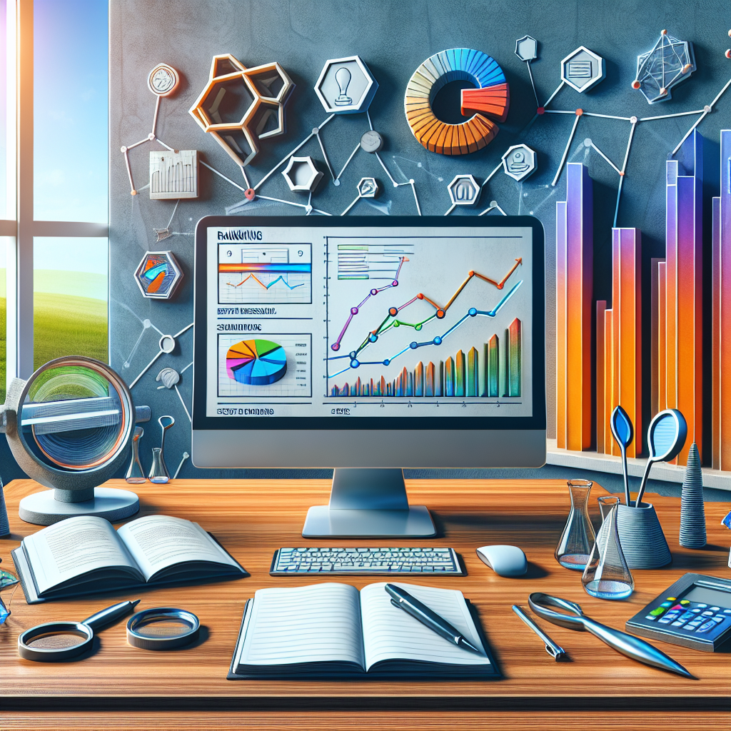 A detailed illustration showing a modern office workspace focusing on local SEO (Search Engine Optimization) analytics. There is a large computer monitor displaying colorful charts and graphs, indicating webpage rankings and their variations over time. Next to it, a notepad and pen have notes on mastering local SEO. Behind the scenes, sculptured representations of various must-have tools for ranking tracking appear: abstract shapes symbolizing keyword research tools, backlink checkers, and site speed testers. These tools look like they are working together in a harmonious dance of data analysis. The office space setting is brought to life with an optimistic, sunrise scenery visible through the window to signify the continual rise in rankings.