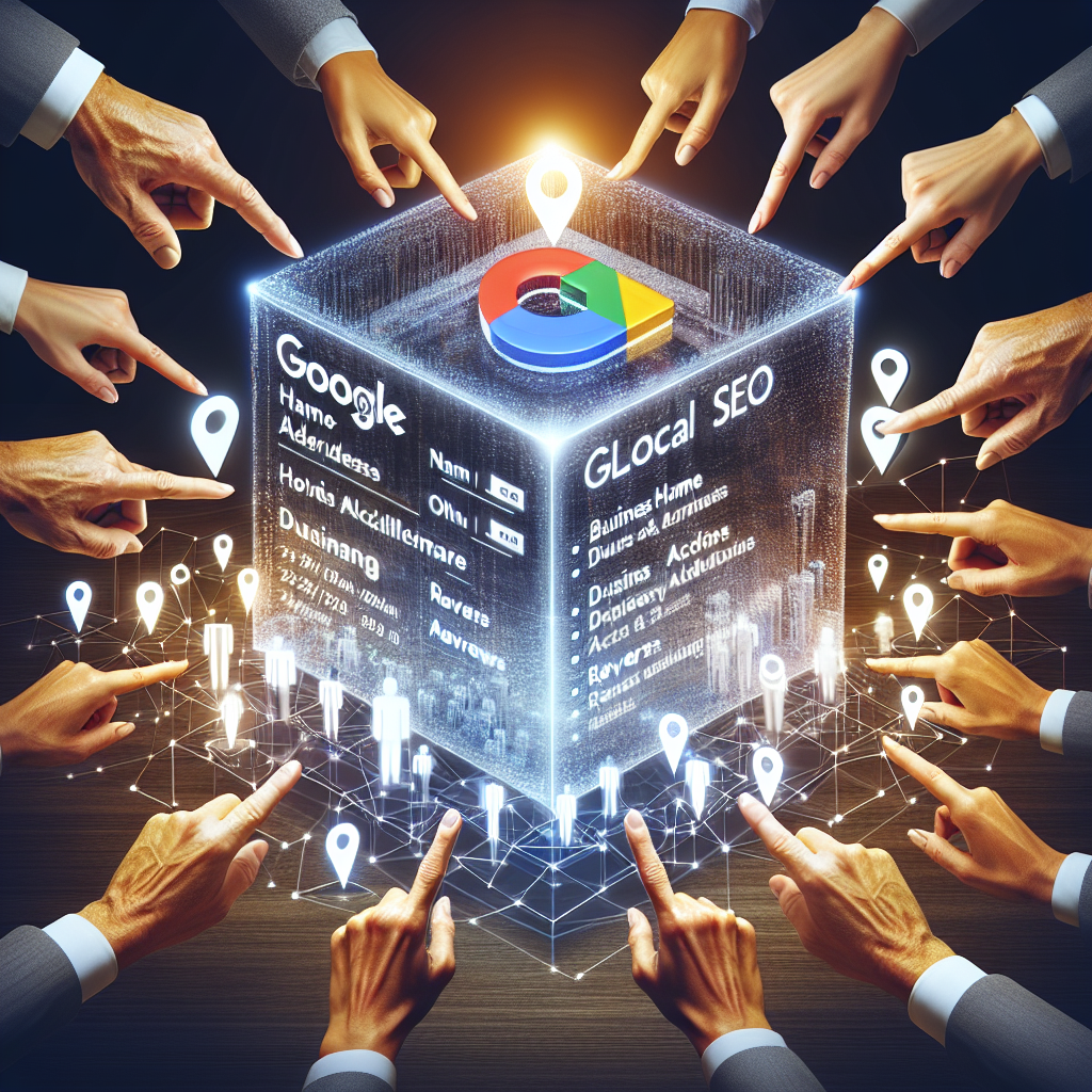 Create an image that visualizes the concept of Google Business Profile optimization. Show a variety of hands from diverse descent such as Caucasian, Hispanic, and Asian, manipulating a large, transparent, holographic cube that represents a Google Business Profile. On the cube, display fields like business name, hours, address and reviews where they are interactively adjust these fields for optimization. The background should be a professional office setup. Incorporate elements that symbolize 'local SEO', such as location pins and algorithmic waves connecting to other local business holographic cubes.