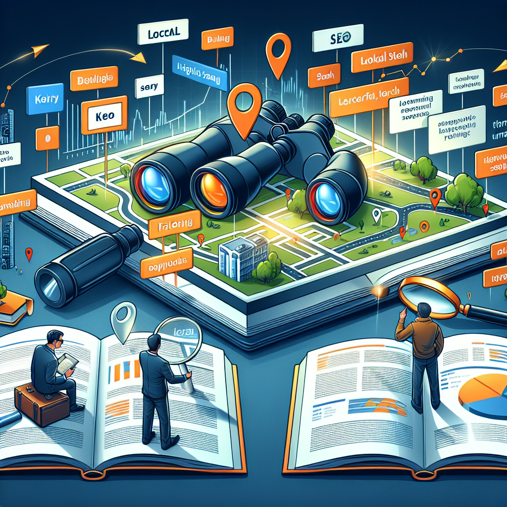 A comprehensive visual guide illustrating hands-on local keyword research strategies for an advanced local SEO. The image should contain a well-structured table with highlighted factors that matter, bustling with SEO keywords positioned around or within a map indicating local searches. Set up a pair of binoculars, emphasizing the focus on search details. An open book next to it, with pages showing graphs and success metrics. A SEO professional of Middle-Eastern descent and a Caucasian SEO specialist are discussing while pointing at a laptop screen which shows a keyword analysis software in operation.