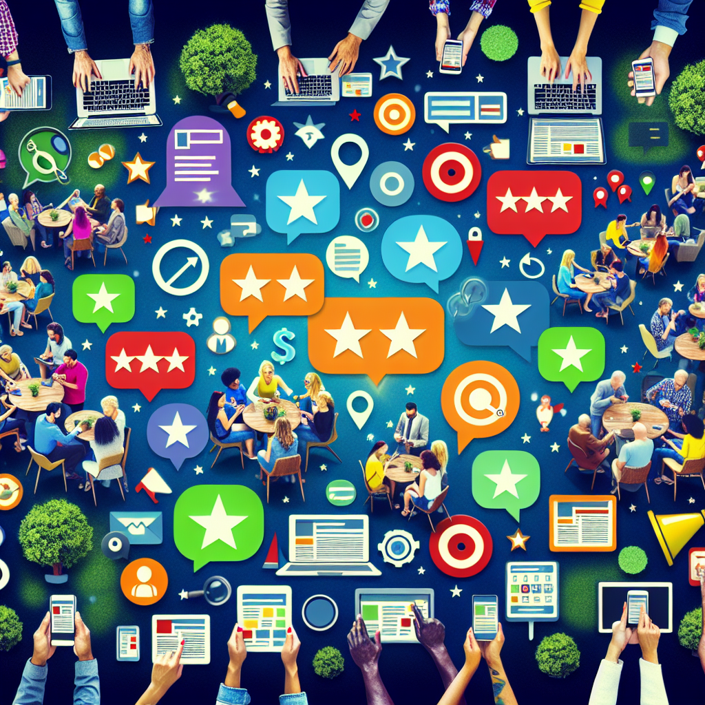 An image showing a diverse group of people using their laptops, smartphones and tablets to leave positive reviews about local businesses. They are in a variety of settings such as coffee shops, parks, home offices. The businesses they are reviewing are represented as bright stars in their respective individual screen displays. Mixed into the scene are visual symbols of SEO like keywords, target icons, webpage rankings, and growth charts. These symbols are encapsulated in bubbles, giving the impression of them rising from the reviews and accumulating towards the top of the image, representing an SEO boost.