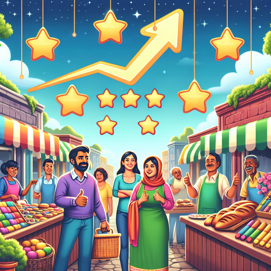 Visualize a vibrant local market scene with diverse small businesses. In the foreground, a South Asian female shopkeeper is happily displaying her colorful, handmade crafts. Nearby, a Hispanic male baker proudly showcases his artisanal breads. The market is bustling with customers of different descents. Hanging above the market stalls are large, glowing signs of five-stars and enthusiastic thumbs-ups, symbolizing positive reviews. In the sky, a big, bright arrow shoots upward, leaving a trail of light, illustrating an SEO boost, implying the growth and visibility these businesses gain through customer reviews.