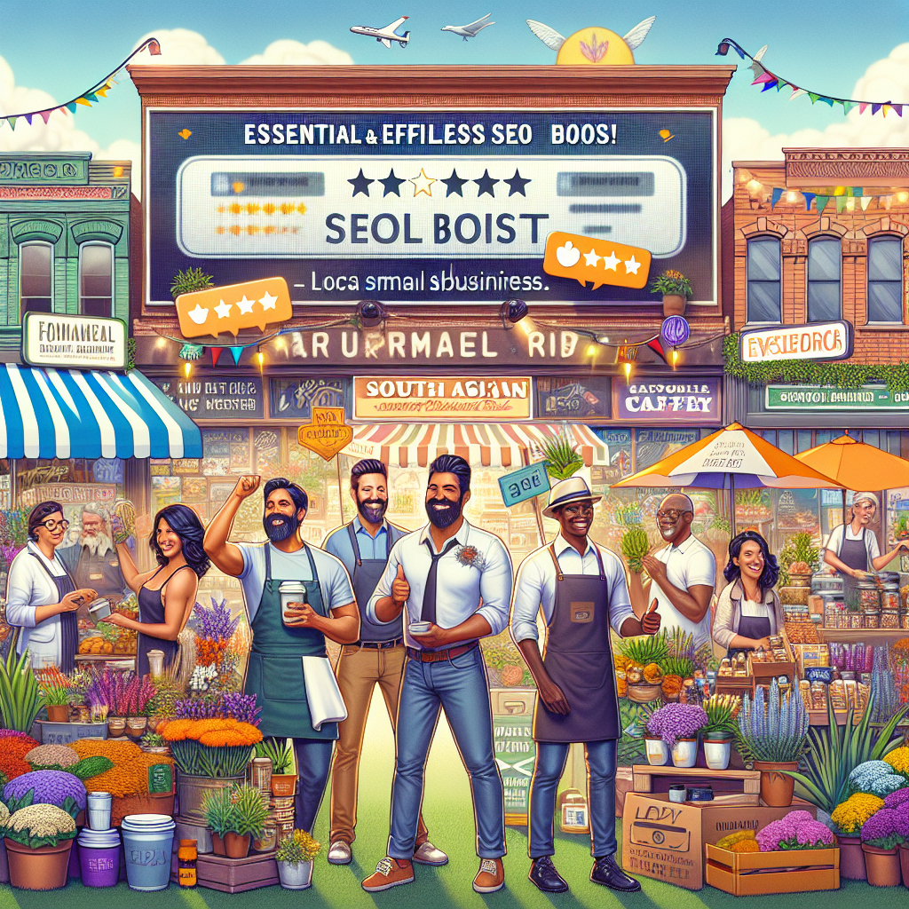 Visualize a vibrant local marketplace filled with diverse, extraordinary and unique small businesses. Show South Asian male florists, Hispanic female coffee shop owners, and Black male bakery owners, all showcasing their products with much joy. Include signs of positive reviews and ratings shining bright above their stores. In the background, there's a large billboard displaying the text 'Essential & Effortless SEO Boost', symbolizing the impact of online reviews on local businesses. The atmosphere is buzzing with content customers and thriving businesses. It's a sunny day, perfect for a stroll through the market.