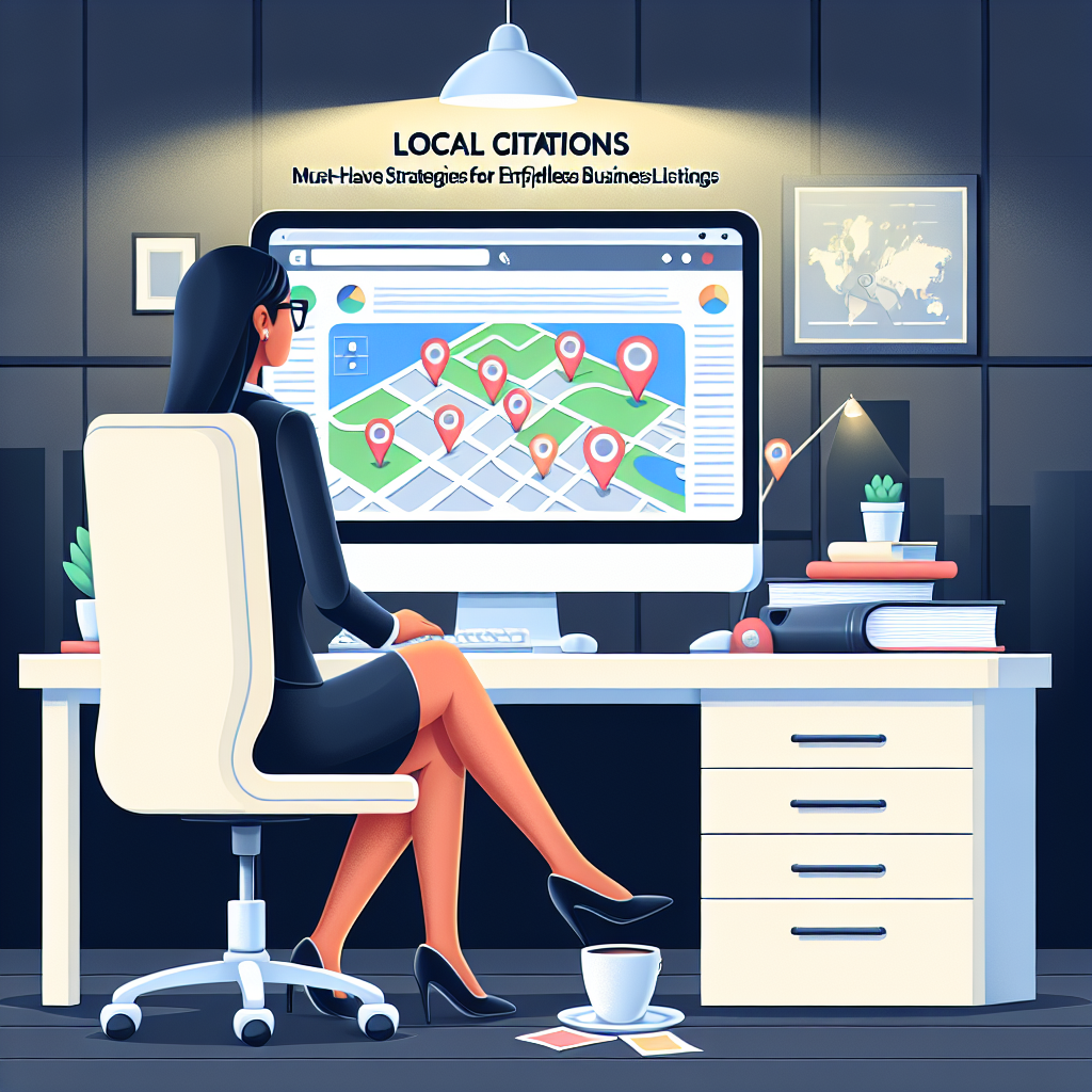 Picture a scene depicting the concept of local citations for business listings. Show a business owner of Hispanic descent sitting in a well-lit modern office of sleek designs, reviewing various strategies on her computer. Display the computer's screen with a map pinpointing several locations, signifying business listings. Scatter around her a few documents, books, and a cup of coffee. Written above in stylized text, are the words 'Local Citations: Must-Have Strategies for Effortless Business Listings'. Make sure the scene evokes an atmosphere of focused dedication and effortlessness.