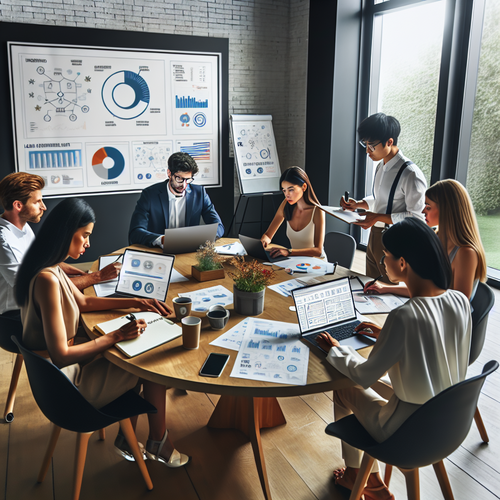 An image of a modern office with a large round table. At the table, a diverse group of professionals is gathered. There's a Caucasian male with glasses, sketching out a strategy on a whiteboard, a Hispanic female analysing data on her laptop, an Asian male taking notes in a notebook, and a Black female reviewing documents. They are discussing local citations for business listings. On the table, there are reports, infographics, and a digital device displaying a dashboard of a citation management tool. The atmosphere looks focused, effortless, and efficient.