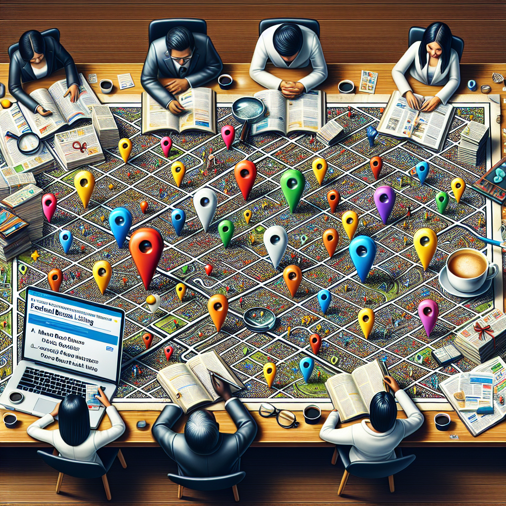 Imagine an engaging and detailed scene for a business article. There is a large, intricate map spread across a wooden table, teeming with vibrant colored pins and interconnected pencil lines to represent local citations. To one side, there's an open laptop displaying a guide on 'Must-Have Strategies for Effortless Business Listings'. Near the laptop, a diverse group of businesspeople—Asian woman, Black man, Middle-Eastern woman—are brainstorming. Scatter throughout the scene, stacks of local business directories, a cup of steaming coffee, and a magnifying glass for emphasis. The atmosphere is active and filled with strategizing conversations.