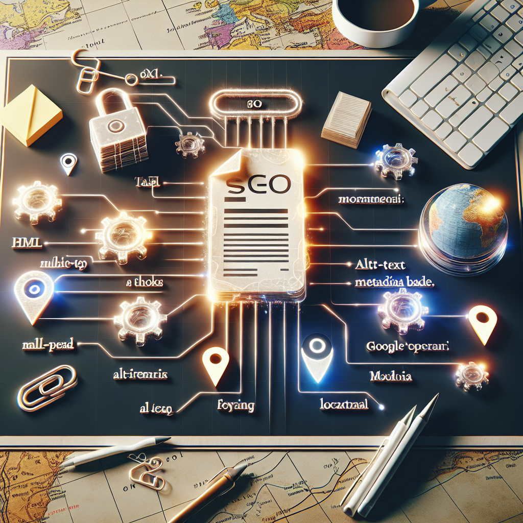 A still-life illustration that optimally represents the concept of local on-page SEO. This image includes a large, glowing sitemap in the center, flanked by diverse web elements such as HTML tags, an alt-text icon, a metadata badge, and Google's location pin. Small, shiny digital gears connecting these elements, symbolizing the effortless integration of optimization practices. The backdrop is a vintage map, evocative of the 'local focus' of the SEO strategy. An overlay text in a bold font spells out: 'Local On-page SEO: Must-Have Tips for Effortless Optimization.' This scene occurs on a modern workplace desk with stationery, coffee cup, and a keyboard subtly placed underneath.