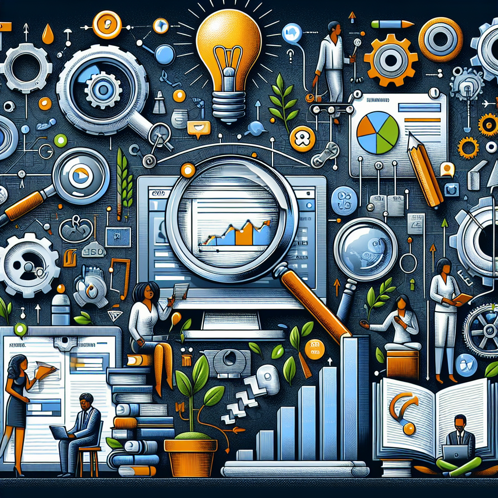 An intricately detailed visual representation of a local on-page SEO process, showcasing a number of critical steps and tricks for effortless optimization. Include a computer screen with SEO analytics data being displayed, a magnifying glass symbolizing keywords search, a light bulb depicting innovative content creation and an upward arrow to represent ranking growth. Add an open book to signify continuous learning and a gear wheel illustrating the technical intricacies of SEO. To depict diversity, include a team of people working together: a Black woman providing input into the computer, a Hispanic man holding the magnifying glass, a Middle-Eastern woman holding the lightbulb and a South Asian man next to the upward arrow.