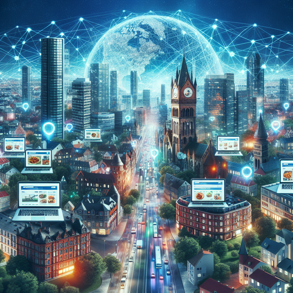 Show a bustling cityscape with diverse architecture dating from different eras. The city has towering skyscrapers on one side, charming old red brick buildings on another, and serene green parks in between. In the foreground, there are various open laptops with different pages displaying city-related SEO content. Some content is about local food, some about city-specific weather conditions, while others show city landmarks. Above this scene floats a translucent globe interlaced with a multitude of glowing lines symbolizing the intricate web of SEO.