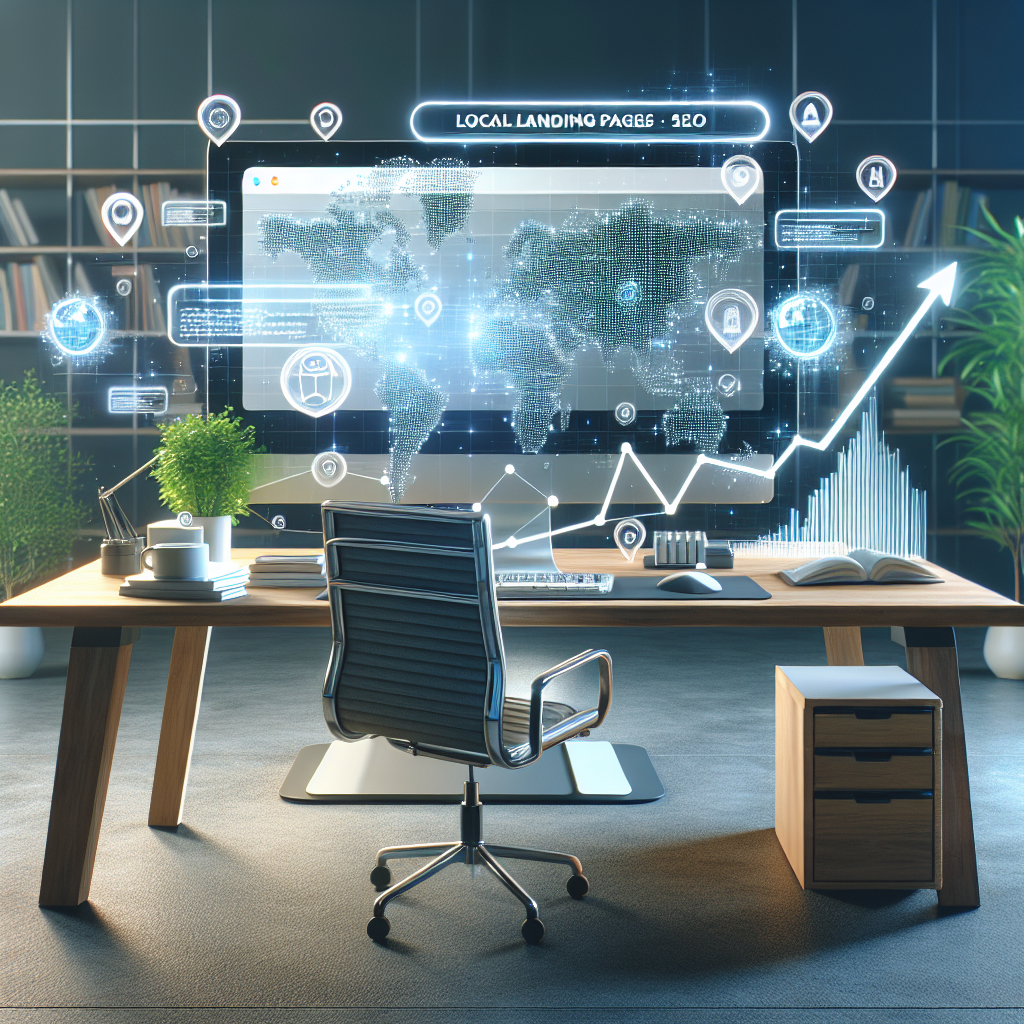 Imagine a well-arranged office scenario. There lies a large desk with a modern computer screen showcasing a search engine platform, and the words 'Local Landing Pages SEO' are typed in the search bar. Various digital icons representing cities hover around the screen, suggesting the idea of city-specific content. A line graph with a steadily upward trend on a stand nearby reflects the effortless growth. In the background, an office plant gently adds a touch of greenery. The atmosphere of the room suggests serious attention towards in-depth research and strategic planning for SEO.