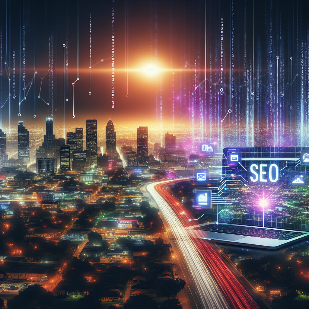 Imagine a detailed digital graphic representation for an article about SEO strategies for local landing pages. In the center focus, present a vibrant, diverse cityscape during twilight, with notable landmarks and buildings representing different businesses. To the left, depict an open laptop where a dynamic webpage displays 'Local SEO'. Show beams of light emerging from the laptop, connecting to various parts of the city. On the right, portray a line graph illustrating 'Effortless Growth', its line ascending dramatically upwards. Overlay the whole scene with subtle matrix-style binary code to suggest the intertwining of the virtual and physical worlds.