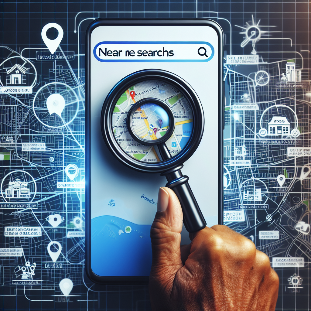 Visualize a conceptual image of a detailed smartphone screen displaying a search engine interface with a search bar in the middle. Overlay this with a magnifying glass focused on the search bar where the words 'Near Me Searches' are typed. In the background, behind the phone, depict a stylized map with various local businesses and landmarks highlighted. Show diversity in the types of businesses - perhaps a Chinese restaurant, Middle-Eastern grocery store, Hispanic bakery, and a South Asian clothing boutique. Add some Essential SEO icons around the screen.