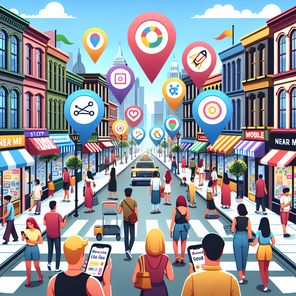 A busy street in the city with people of various descents and genders walking around, looking down at their smartphones festooned with colorful protective cases. Some shops are lining the street with noticeable flags waving, multilingual storefront signs, and windows filled with a diverse range of products. Hovering over the scene are multiple bubble-shaped graphics displaying phrases like 'Mobile Local SEO', 'Near Me', 'Be Found Online', and 'Affordable SEO Tips'. In the sky, a big arrow is pointing to a shop, below it, a text reads: 'Boost your visibility with Local SEO'. Pictorial representation of a map with geolocation pins is seen on some smartphones' screens.