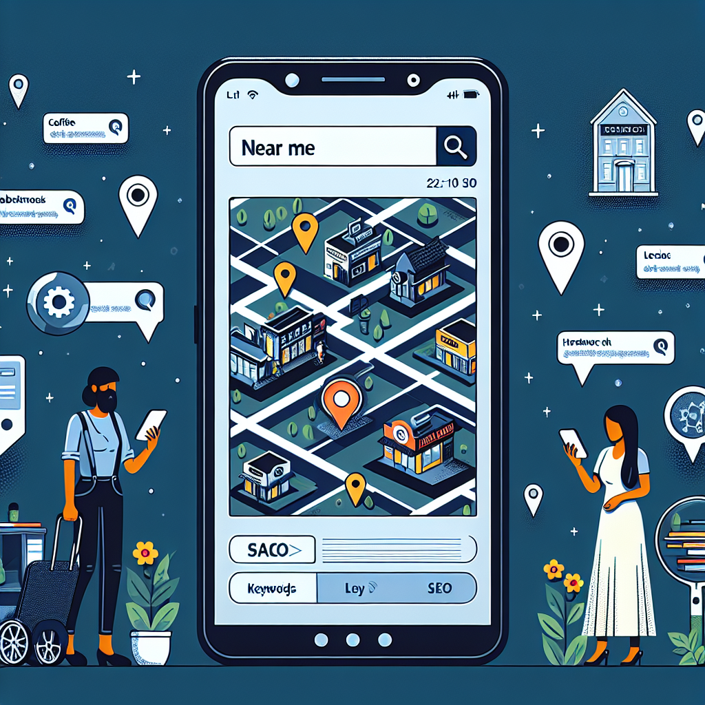 A visual interpretation of Local SEO for mobile devices. Picture a smartphone with a search engine interface displaying results relevant to Near Me Searches. The screen of the device should show different local businesses like a bookstore, a coffee shop, and a hardware shop plotted on a compact, stylized map. Key SEO elements such as keywords and location tags float around the phone as tiny, glowing icons. Also, depict a South Asian woman and a Hispanic man exploring these search results on their own devices in the background to illustrate the user end.
