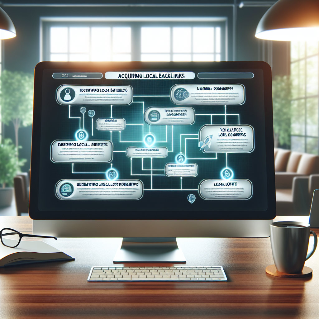 A detailed image of a flowchart on a digital screen showing strategical steps for acquiring local backlinks for optimal SEO success. The steps include identifying relevant local businesses, reaching out for partnerships, and generating valuable local content. The aesthetics of a modern office in the background convey a serene and professional working atmosphere, with a mug of coffee, a laptop, and a well-lit desk.