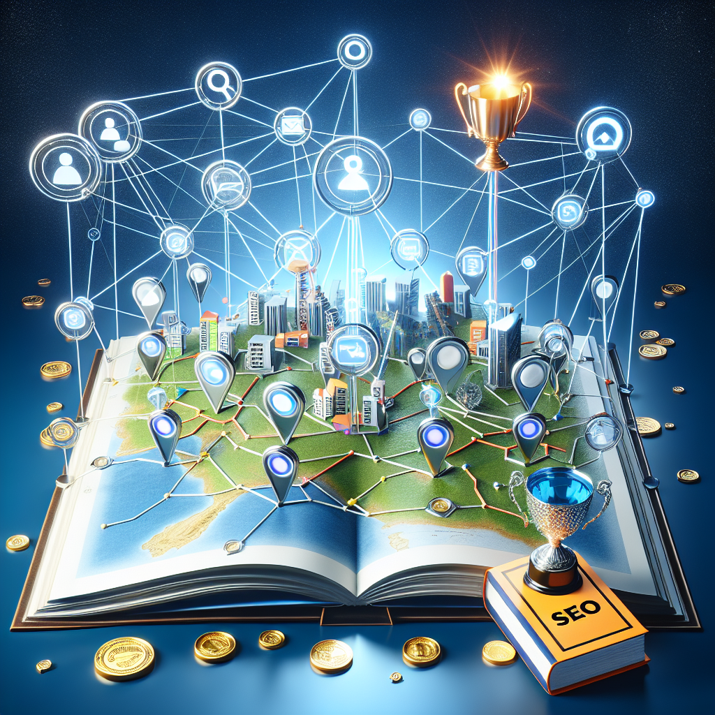 A conceptual image signifying the importance of local backlinks for SEO success. Visualize a group of interconnected nodes or websites, embodying the concept of backlinks, forming a local network on a map. The nodes should vary in size, representing different levels of popularity or credibility. Incorporating geographical markers or territories on the map to signify 'local'. Also include a few elements such as the SEO abbreviation, arrows implying connection and traffic flow, and a large shining gold trophy symbolizing 'Success'. Lastly, add a book or scroll titled 'Must-Have Strategies' in the foreground, representing guidance and strategies.