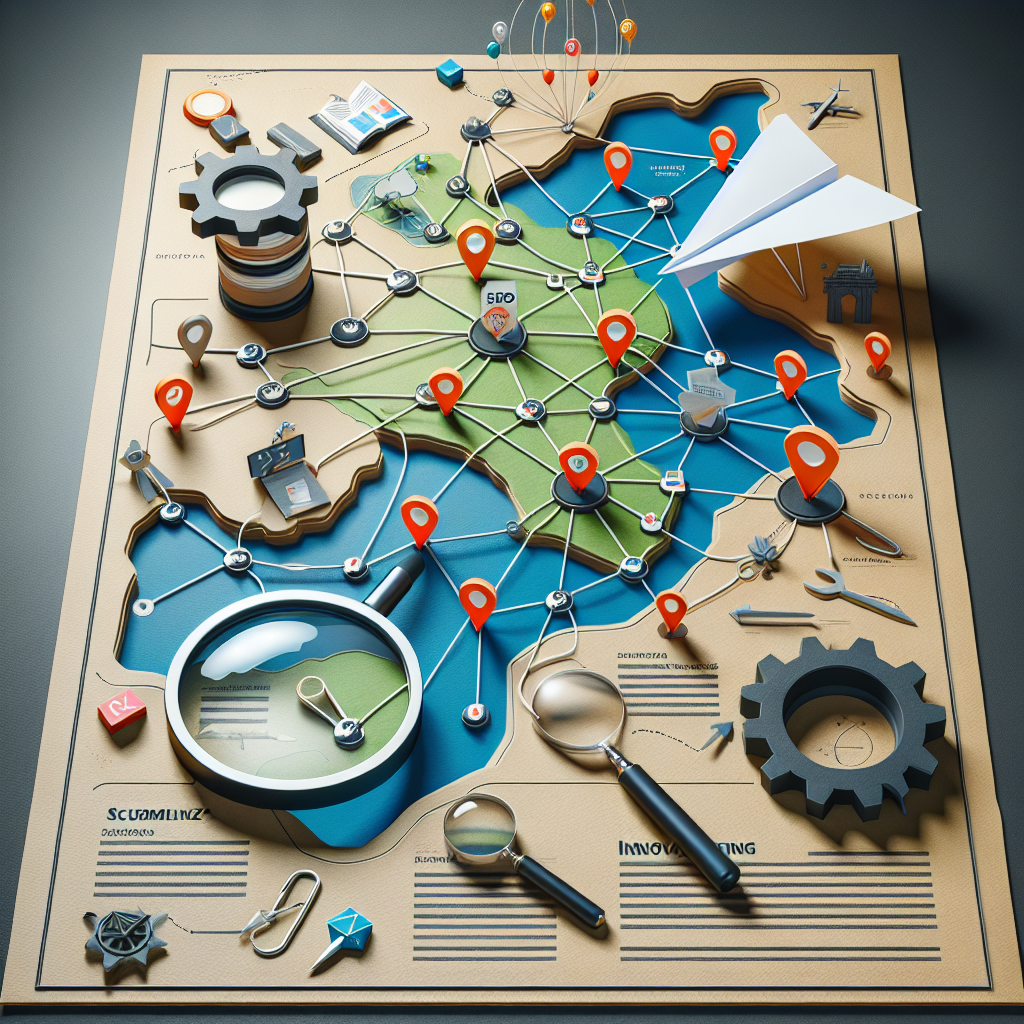 A detailed visualization of SEO success strategies focusing on local backlinks. It includes a 3D map portraying different locations representing the geographical diversity of local backlinks. The map should be dotted with interconnected nodes symbolizing the local backlinks. Additionally, there should be a paper plane effortlessly cruising over the map implying effortless strategies for SEO success. On the periphery, a set of tools such as magnifying glass, a cogwheel and a light bulb, representing scrutinizing, processing and innovating respectively, encapsulating the core of a successful SEO strategy.