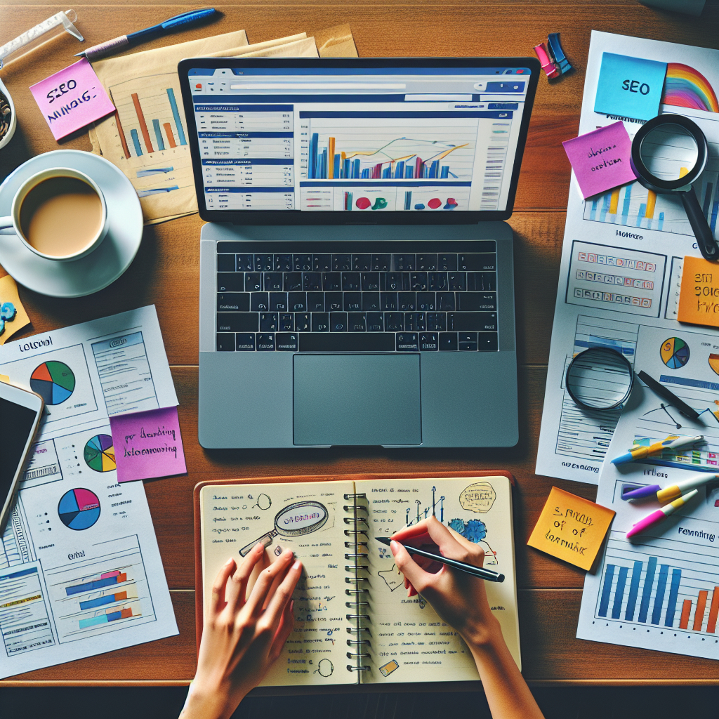 A detailed and vibrant image showcasing a work desk potentially belonging to a digital marketing professional. The desk is covered with essentials for SEO analytics such as a laptop displaying graphs and data charts related to local SEO rankings, a notepad open with handwritten notes and a variety of colorful sticky notes with reminders of different SEO tactics. Also on the desk is a cup of coffee and some snacks, indicating someone in the midst of a long work session. The person associated with this desk and scenario is a young Asian female SEO analysts.