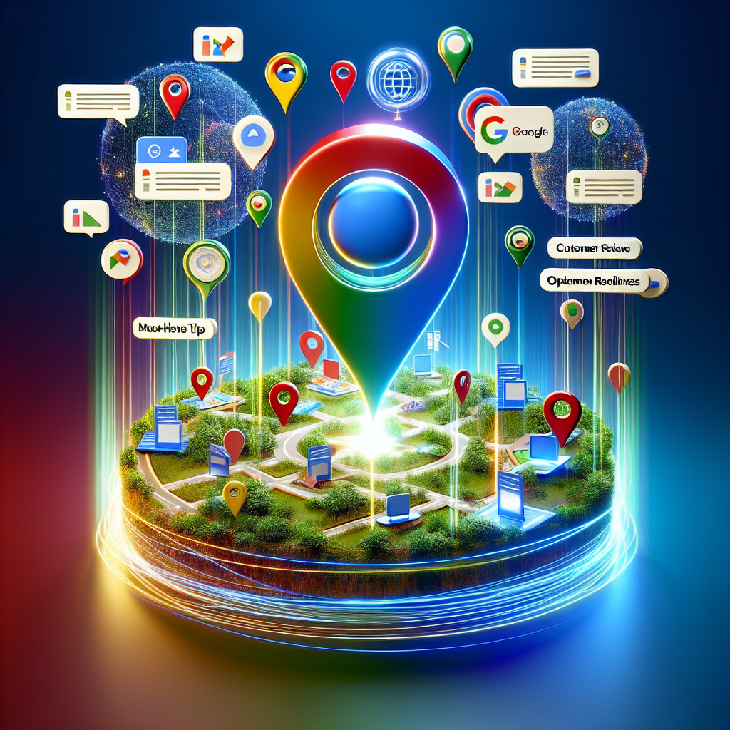 An abstract digital representation of a local SEO landscape. In the center, there's a vibrant 3D profile icon signifying a Google Business Profile. It's radiating light beams towards various smaller icons scattered around, representing different elements of local SEO. These elements include, but are not limited to, local area maps, customer reviews, and location pins. Floating text bubbles around the main profile icon with the following phrases: 'Must-Have Tips', 'Effortless', and 'Optimization'. The overall color scheme is a blend of Google's signature colors - blue, red, green, and yellow.