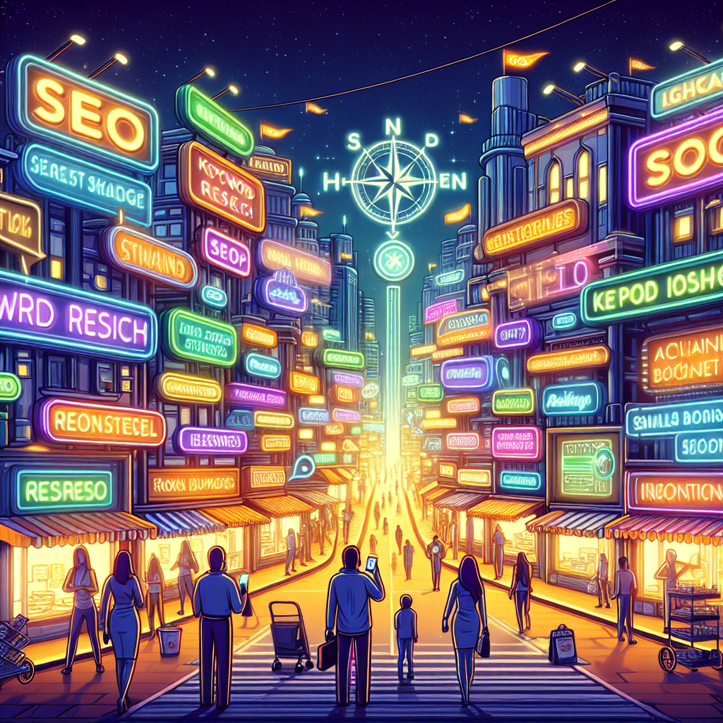 Imagine an intricate cityscape where local stores have neon signboards with SEO terms. The store names, such as 'keyword research' or 'rank booster', glow in bright colours, indicating the vitality of local businesses. Occasionally, a person strolls by, glancing at the signs. They hold mobile devices, appearing to search the internet - a symbol of their active online engagement. Road signs point to various businesses, with arrows indicating the flow of traffic. Market stalls are busy with vendors, representing small businesses. A giant compass in the sky suggests the direction of successful SEO strategies. Remember to maintain the vibrance of the cityscape in dusk light.