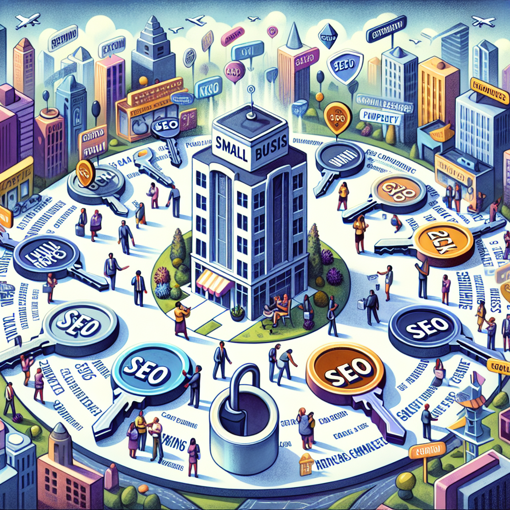 An illustrated representation of a small business in a city environment. It is a term used in the context of search engine optimization for the business. Multitudes of keywords and phrases are revolving around the business, showcased in a manner suggestive of competitive research. The keywords can vary, but must be relevant to small businesses and local SEO. Depict some keywords as keys unlocking giant SEO padlocks to symbolize the unlocking of potential through SEO optimisation. Include different types of people - A Hispanic man and a Black woman - interacting with the keywords, undertaking the research. Ensure that the cityscape is visible in the background.