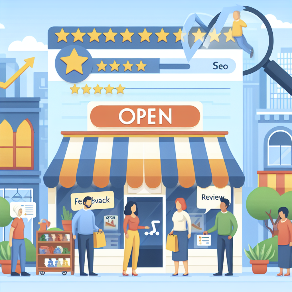 A picture representing a local business. Illustration should include a shop with an open sign, visitors browsing inside, feedback/review stars above the shop, and a big arrow pointing upwards to symbolize Google SEO boost. The scene should take place in a bustling cityscape during daylight. Include a Caucasian male shop owner welcoming visitors, a Hispanic female visitor browsing through items, and a Middle-Eastern male visitor leaving a five-star review. One side of the image should display a magnifying glass focusing on a computer screen showing a successful SEO ranking graph.