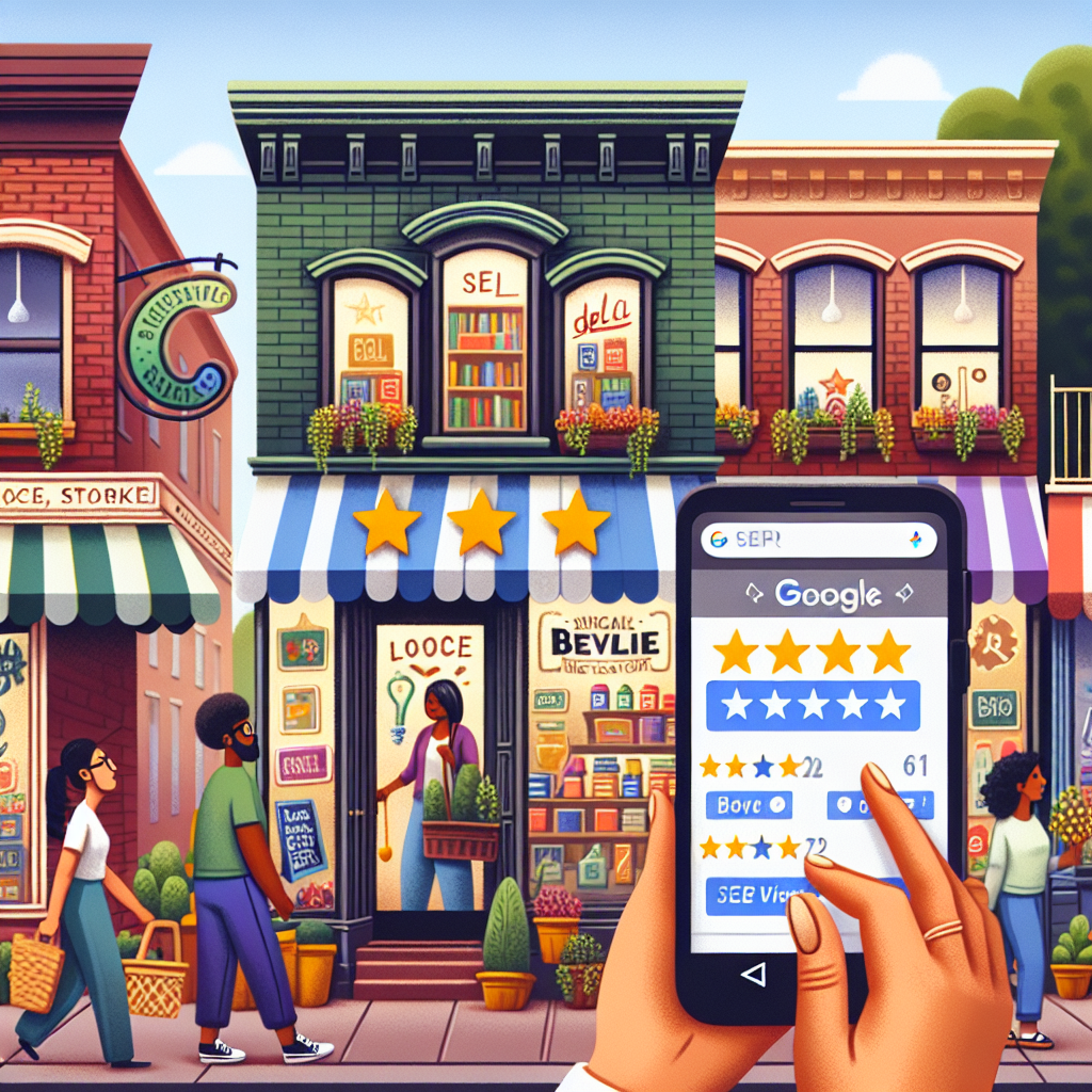 Picture a bustling local neighborhood scene with a variety of different retail stores. There's a small bookstore owned by a Caucasian woman, the corner deli run by a Black man, and a South Asian family operating a flower shop. Signs in the store windows have star ratings and reviews showcasing positive customer feedback. In the foreground, a Hispanic woman is scrolling through these reviews on her mobile phone's Google interface, and a noticeable uptick in the SEO ranking of these stores is indicated on the digital interface. The atmosphere is vibrant and supportive, reflecting the interconnectedness of the community and the digital sphere.