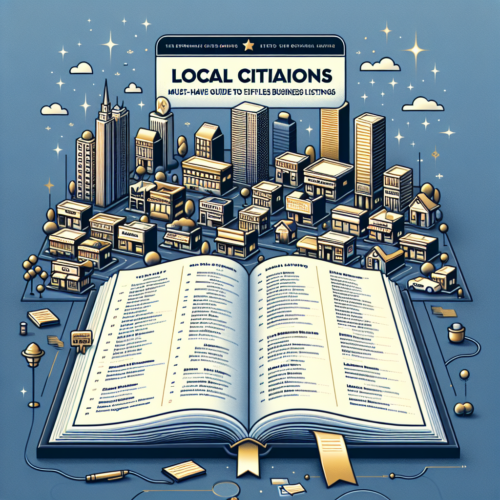 Imagine an informative guidebook cover that details local citations and effortless business listings. On the cover is a clear and easy-to-read title, 'Local Citations: Must-Have Guide to Effortless Business Listings'. The background displays a simplified cityscape. The cityscape includes diverse buildings, ranging from small family-owned shops to large corporate headquarters. In the cityscape's foreground, there is an open book with details of local businesses exquisitely printed on its pages, symbolizing the business listings. At the top right, there is a gold star indicating it as a 'must-have' guide.