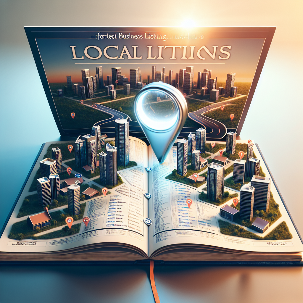 A detailed, comprehensive guide displaying a roadmap that leads towards a cityscape filled with business buildings, each one labelled with distinct identifiers. This represents local citations. Laid on top of the city map is a large, glowing must-have symbol, a magnifying glass, reflecting the concept of effortless business listings. The background is bleached with an early morning sunrise, symbolizing the dawning of a new day, a fresh start for businesses. The guide is open, inviting the viewer to take their first step into understanding local citations and improving their business listings.