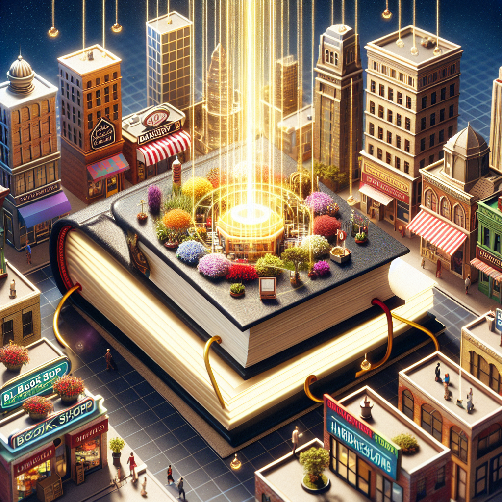 Visualize a vibrant, bustling cityscape. Studded throughout the cityscape are various small businesses each unique in their nature. Include a bakery run by a Hispanic man, a florist shop owned by a Caucasian woman, a bookshop managed by a Black woman, and a hardware store led by a South Asian man. Embedding within the image, a bright beam of light emerges from each shop, pivoting towards a central, towering guidebook. The guidebook with the title 'Local Citations' appears to exude an aura of authority and enlightenment. The shops and the guidebook are interconnected with golden threads, symbolizing seamless connections and effortless business listings.