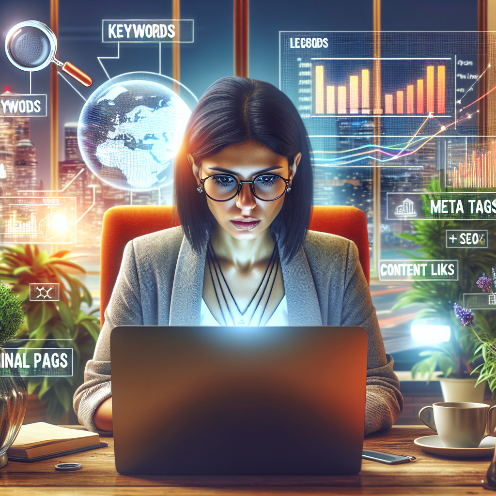 An image representing the concept of local on-page SEO. In the forefront, a dedicated female digital marketer of Middle-Eastern descent is seen intensely focusing on her laptop screen, which displays charts and graphs signifying website rankings. In the background, key SEO elements like 'keywords', 'META tags', 'internal links', and 'content quality' are written on a whiteboard. She is sitting in a vibrant office space surrounded by plants, with a cityscape seen through a large window to signify the 'local' element.