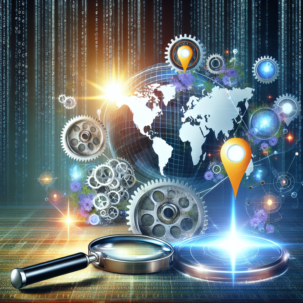 An image depicting an abstract representation of SEO strategies applied to local landing pages. Include visuals of gears in motion to symbolize the effortless working of strategies, floating maps with highlighted local areas to signify the local scope, and a bright shining star to convey successful results. Add a subtle background filled with binary code to signify the digital scale, and a magnifying glass hovering over a page, to denote the scrutiny and precision required in SEO.