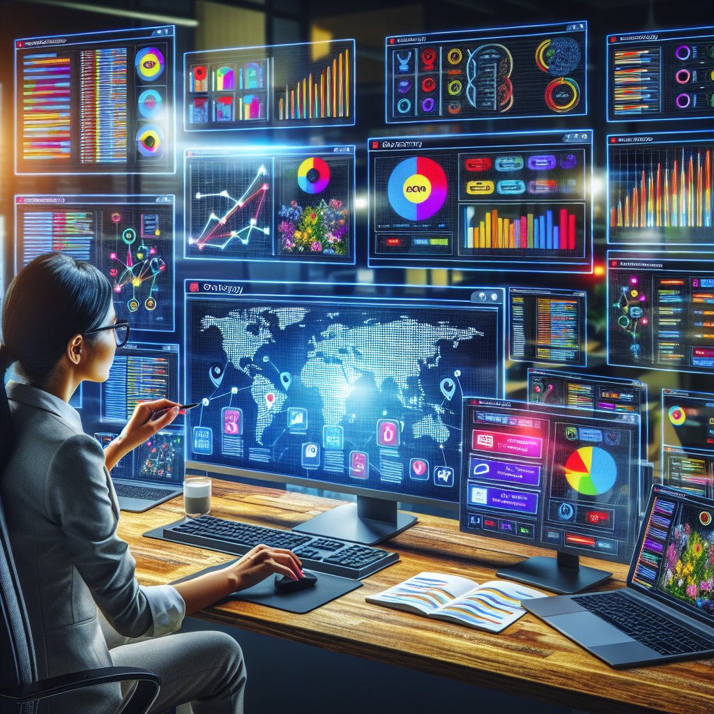 Visualize a vibrant scene of a digital marketing office. A South Asian woman using multiple monitors filled with different SEO metrics. A Caucasian man studying a detailed colorful SEO strategy layout for local landing pages on a big screen. On the table, there are several SEO strategy guides and laptops open with various analytics graphs. Screens show keywords, backlinks, other important SEO factors, and location pins highlighting local areas. The atmosphere is both technical and creative, embodying the combination of strategy and effortless results.