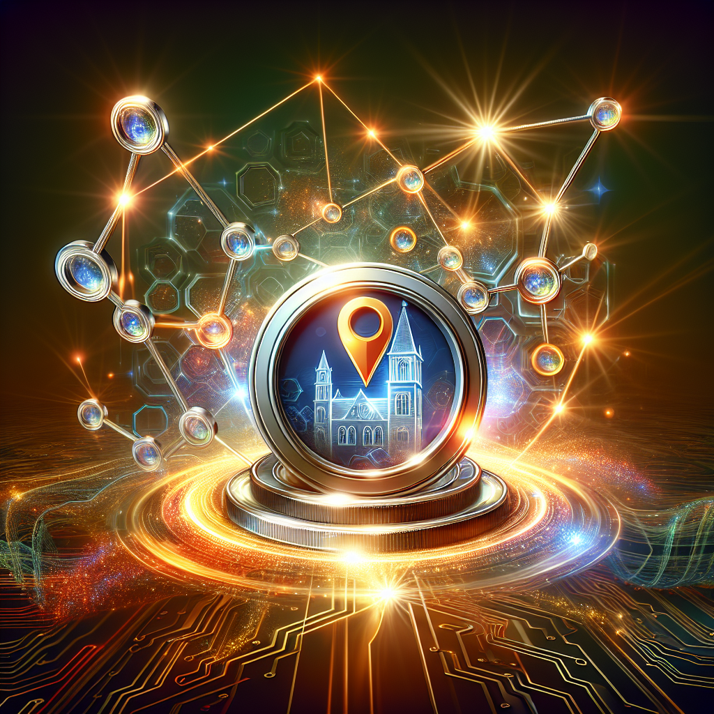 Create a detailed and vivid business-oriented image that represents Local Backlinks and their role in Powerful SEO. Features a dynamic layout with symbolic elements: an intertwined network of vibrant glowing nodes and connections to represent the links, an iconic local landmark or structure conveying the concept of 'local', and a shiny medal in the mid foreground, symbolizing 'powerful SEO'. Surrounding all this, design an aesthetic background with abstract shapes and patterns depicting digital data flow, adding depth and complexity. Please avoid direct references to specific brands or companies.