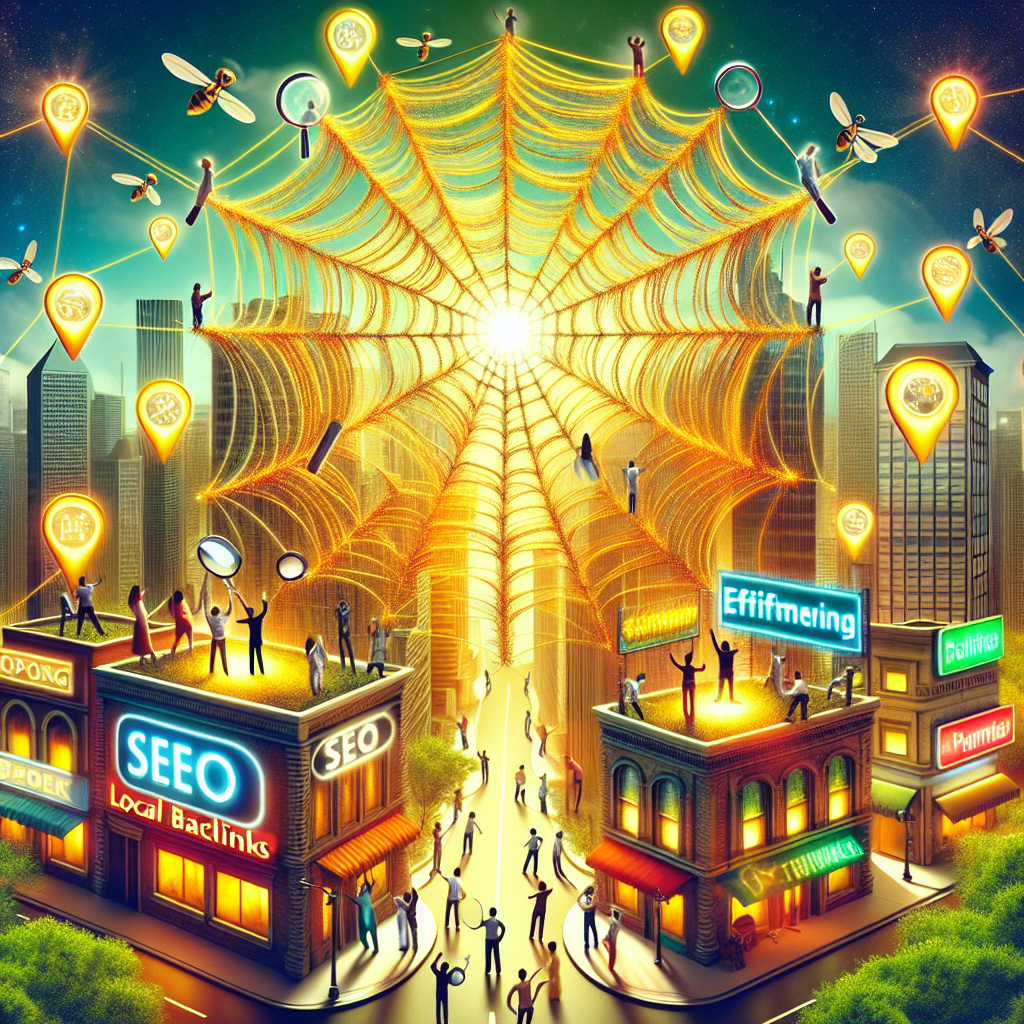 Imagine a vibrant scene representing the concept of local backlinks for SEO. At the center, picture a gigantic web made of golden thread, suspended mid-air in a bustling cityscape. Each intersection of threads in the web represents a local backlink, glowing with intensity. Distributed across the web, visualize individuals of diverse descents and genders, they are symbolizing SEO experts employing different strategies. In their hands are tools - magnifying glasses for detailed analysis, brushes for refining, and hammers for solidifying link connections. Buildings around have billboards showcasing the phrases 'Strong SEO', 'Effortlessness', and 'Powerful Backlinks'.